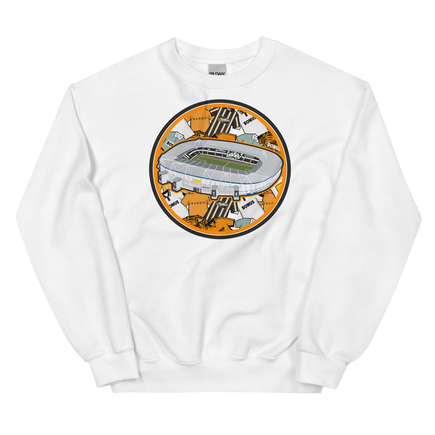 White retro themed sweatshirt with artwork of Hull City Football Club's home ground the MKM Stadium on the front