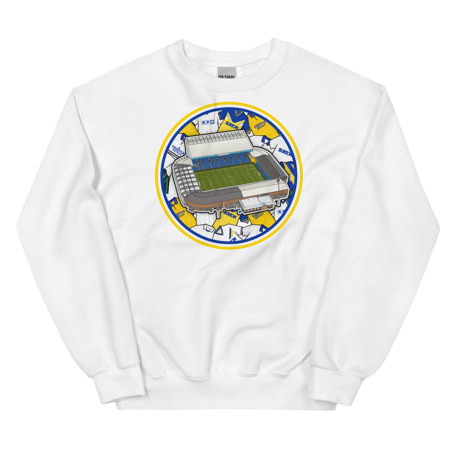 White Sweatshirt Inspired by the home of Leeds United in West Yorkshire, Elland Road Stadium with Retro Themed Illustrated Artwork Behind it