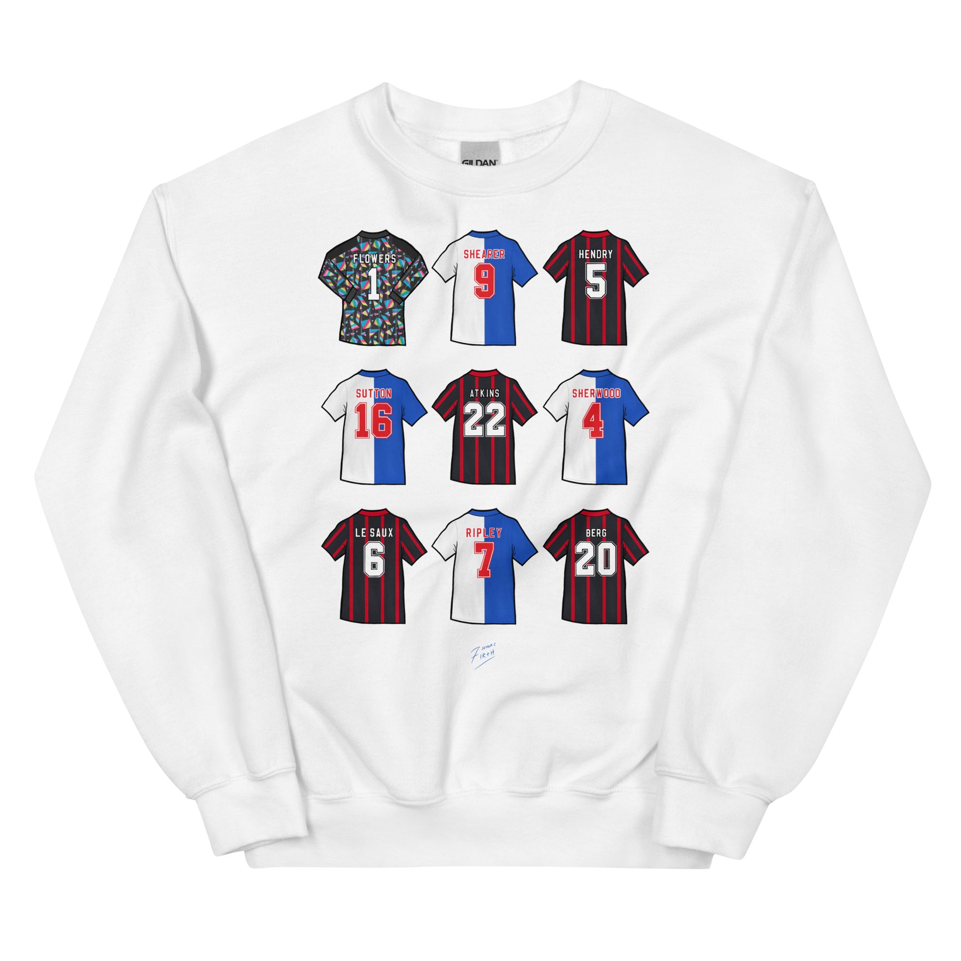 White sweatshirt jumper inspired by the Blackburn Rovers side of 1994/95