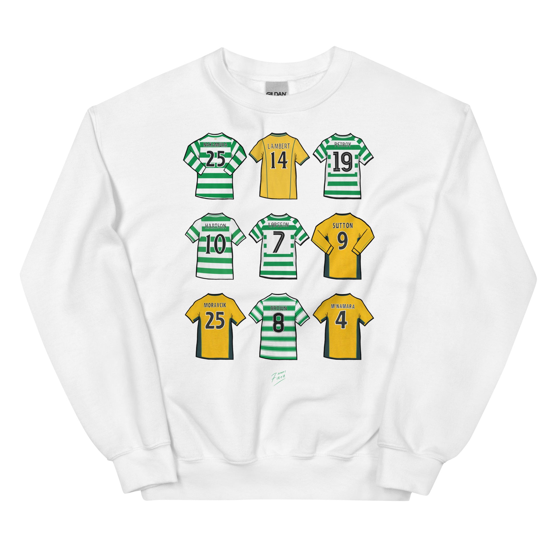 White Sweatshirt Celtic inspired, legends of the club illustrated artwork featuring names such as Nakamura, Chris Sutton, John Harrison, Henrik Larsson, Scott Brown & more