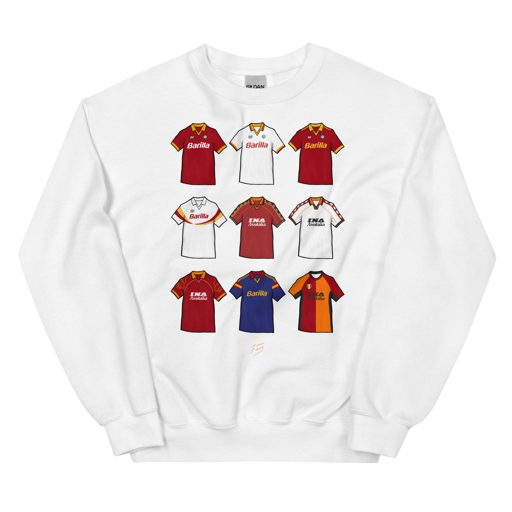 Transport yourself back to the glory days of AS Roma with this vintage-inspired artwork sweatshirt. Featuring iconic jerseys and colours, this unique piece is a must-have for any fan of the legendary Italian football club