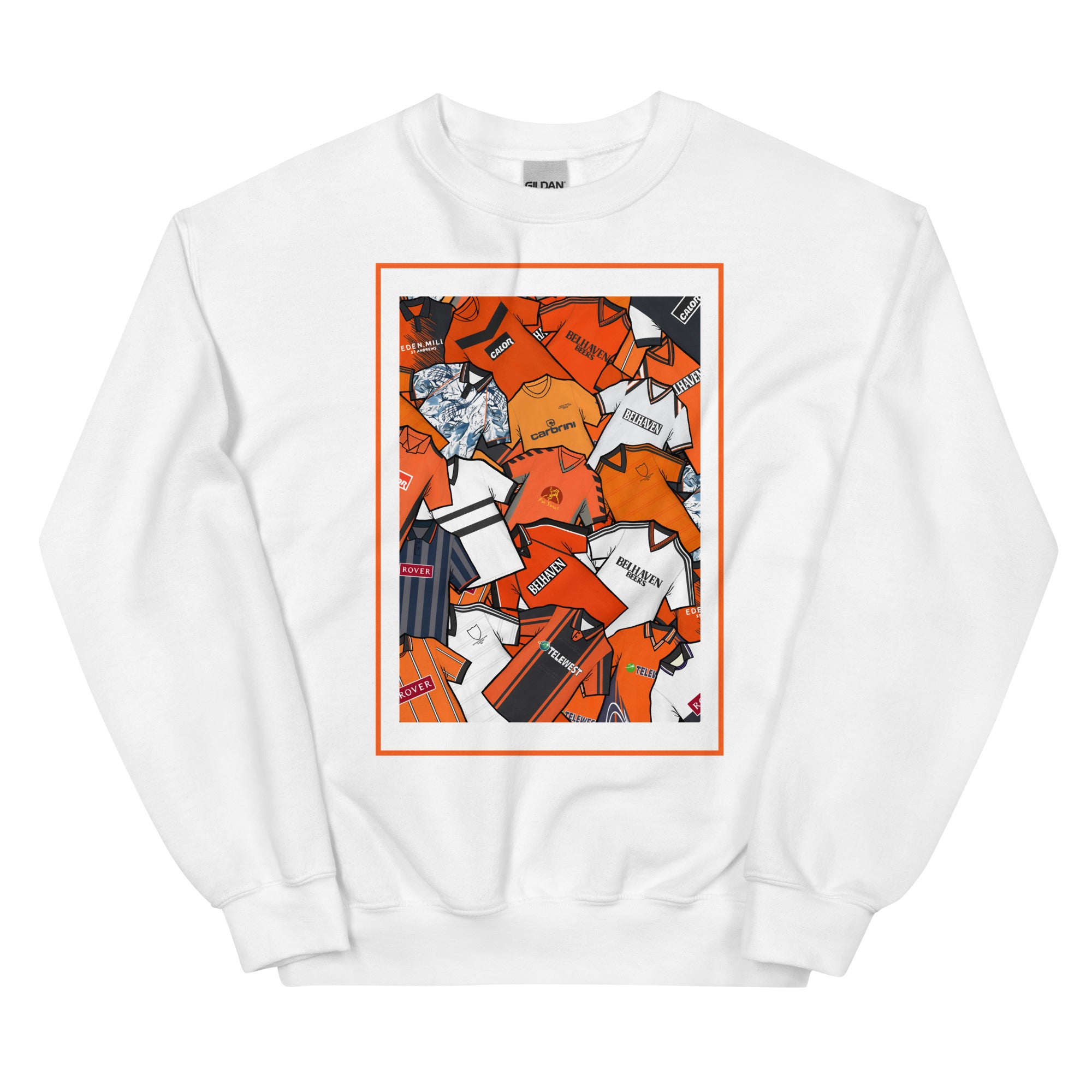Show your Dundee United FC pride with this sweatshirt featuring a unique mashup of classic shirts. A stylish retro football gift for true Dundee United supporters