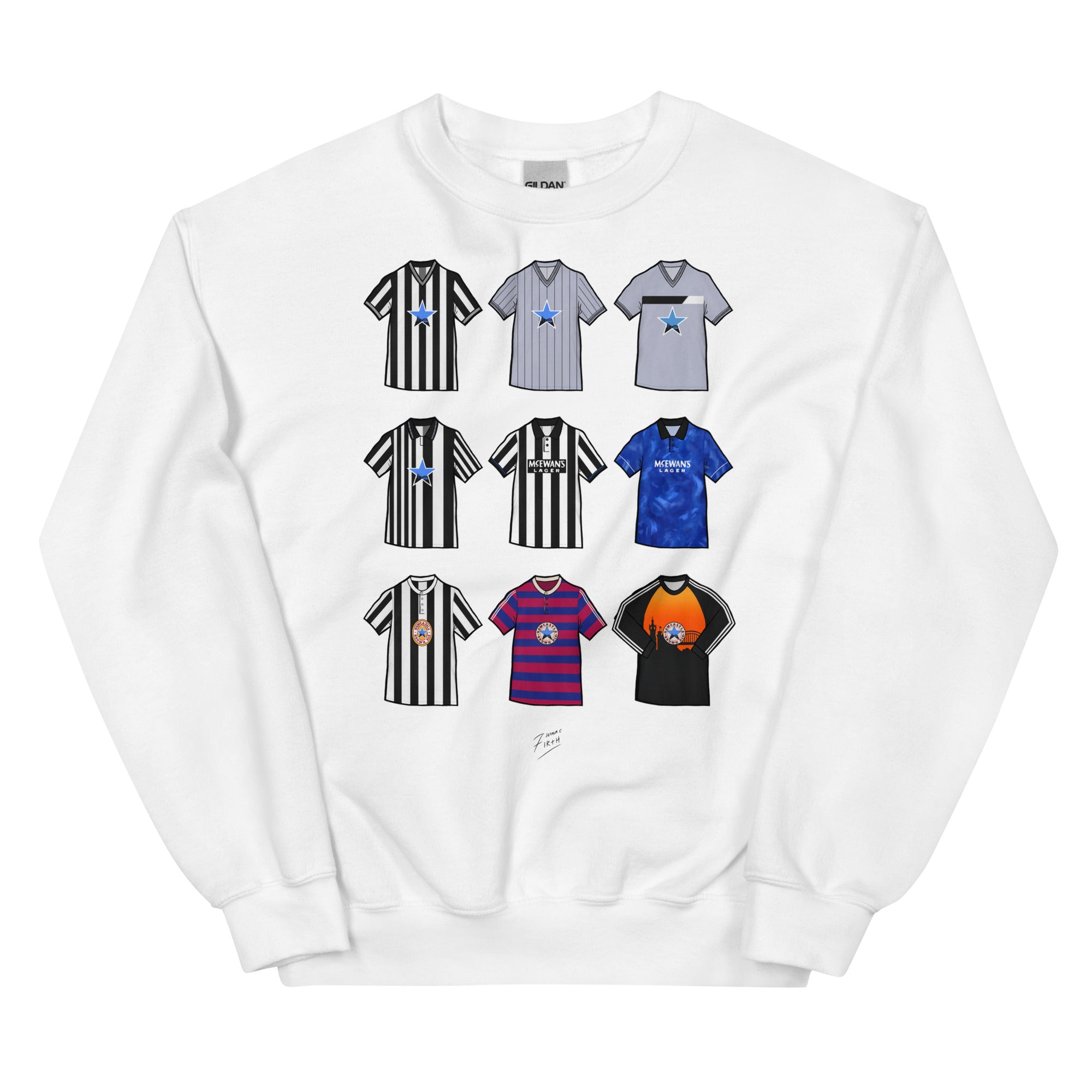 Celebrate your Magpies pride with this Newcastle United FC sweatshirt, designed for fans who love classic football style. Featuring detailed artwork showcasing 9 iconic Newcastle United shirts from the club’s history, this retro-style sweatshirt celebrates the club’s proud heritage and timeless football culture. Perfect for match days, casual wear, or as a Newcastle United football gift, it combines vintage-inspired design with modern comfort. A must-have sweatshirt for true Newcastle supporters who live an