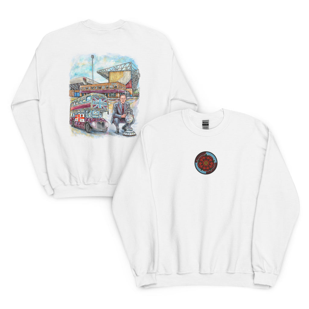White sweatshirt featuring hand-drawn Harry Potts and Turf Moor artwork inspired by Burnley football heritage.