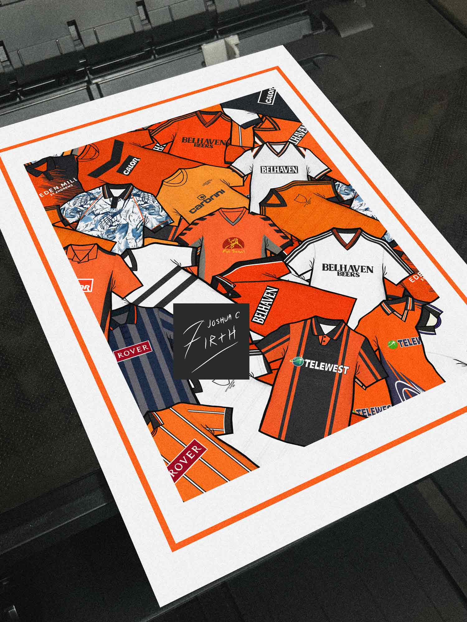 This unofficial, fan-created artwork takes inspiration from the iconic football shirts of Dundee United FC. Featuring bold tangerine, black, and white tones, it reimagines the club’s classic look through a modern, stylized lens. A tribute to the Terrors’ proud football heritage, this design celebrates Dundee United’s enduring identity in a fresh and contemporary way