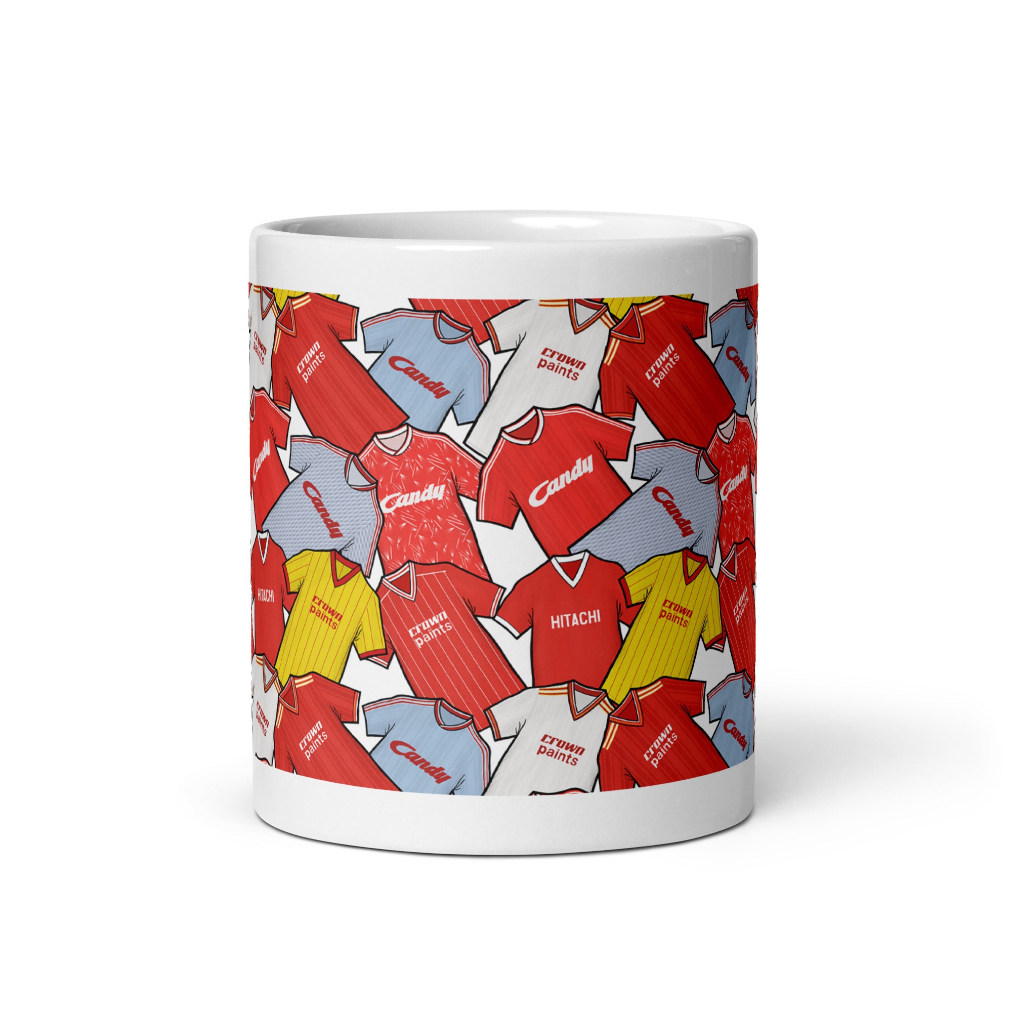 A ceramic 11oz mug featuring Liverpool football shirts from the past. Some of the most iconic footballing jerseys ever