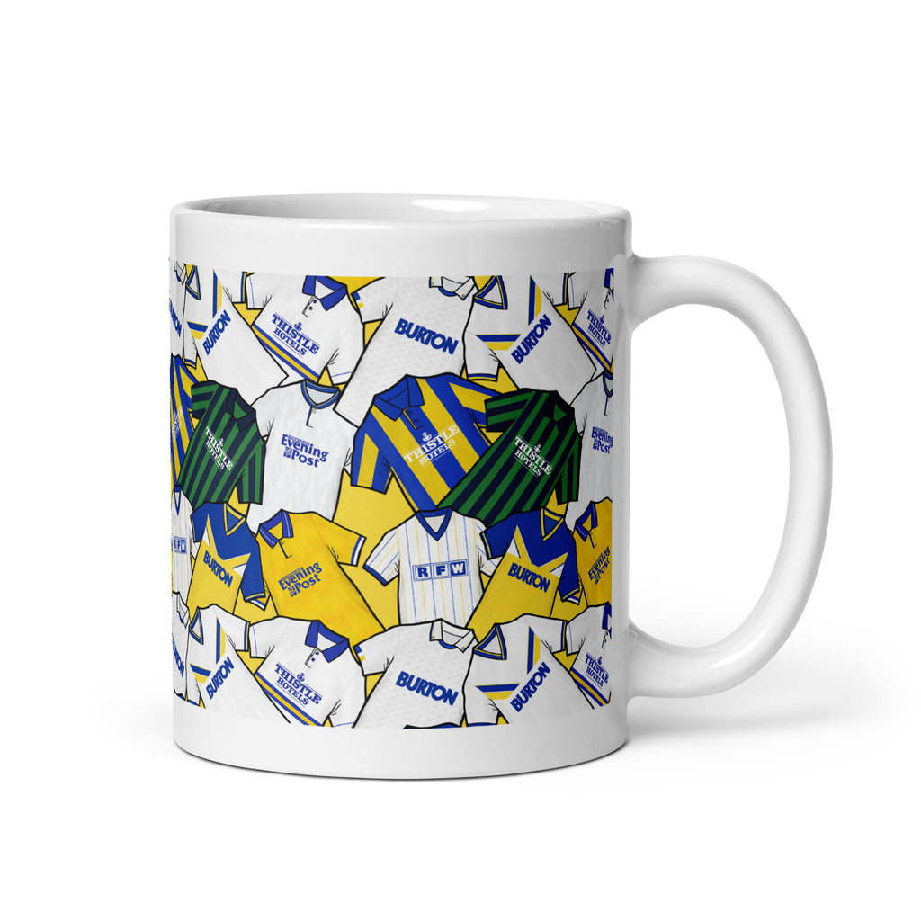 A mug Inspired by the historic iconic retro shirts of leeds united!