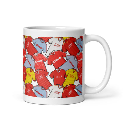 A ceramic 11oz mug featuring Liverpool football shirts from the past. Some of the most iconic footballing jerseys ever