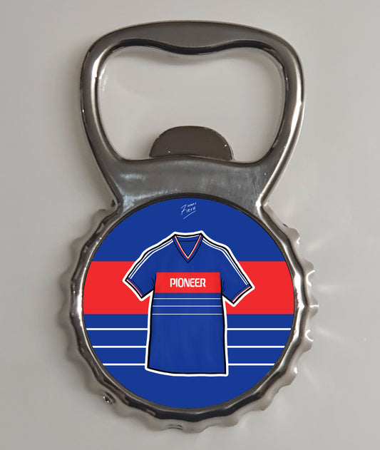 Bottle opener inspired by the Ipswich Town Football Club home shirt from the 80's, 1984-85. A great item ideal for a gift for a loved one or as a treat for yourself