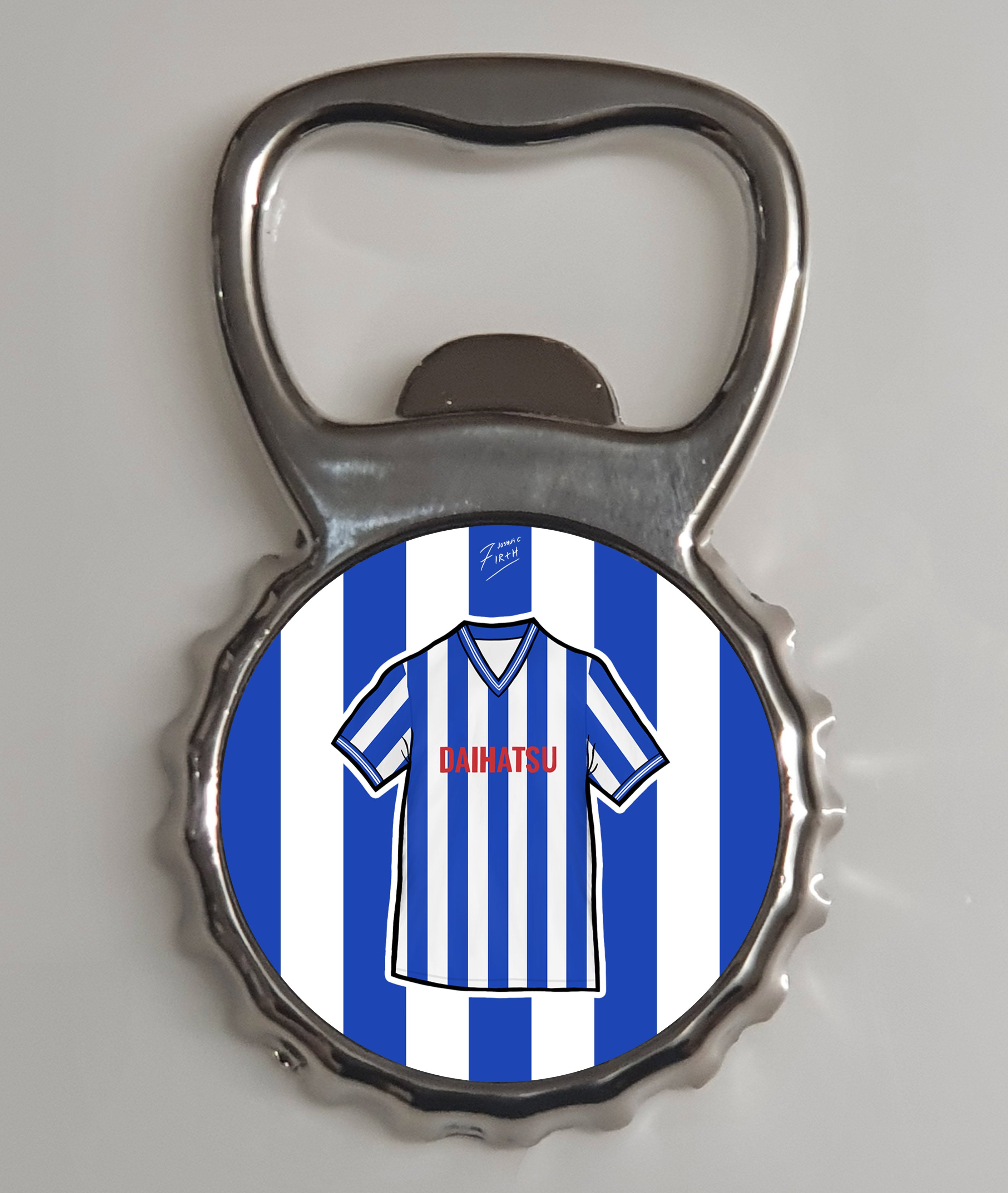 Huddersfield Town themed home shirt bottle opener, inspired by the jersey of 1984-85