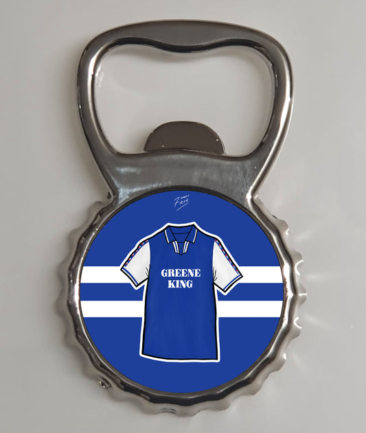 Bottle opener inspired by Ipswich Town Football Club's home shirt from 1997-99. Artwork of an iconic jersey from the 90s.