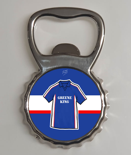 Bottle opener inspired by the history of Ipswich Town Football Club, artwork themed 1999-2001 home shirt