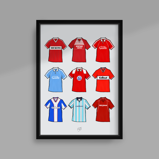 Retro Middlesbrough Football Themed Print Featuring Iconic Shirts