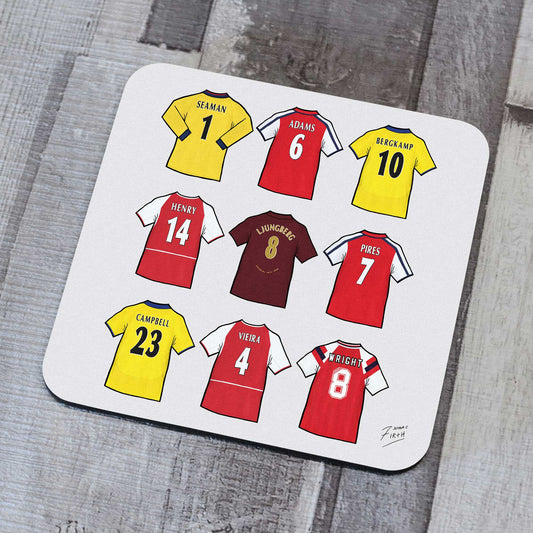 Coaster featuring Arsenal Football Legends shirts such as David Seaman, Tony Adams, Dennis Bergkamp, Thierry Henry, Freddie Ljungberg, Robert Pires, Sol Campbell, Patrick Vieira & Ian Wright