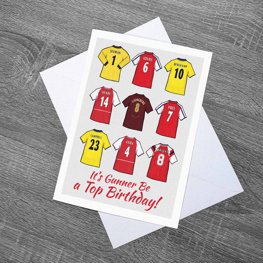 Birthday card featuring artwork of some of the best names to play football for Arsenal! 