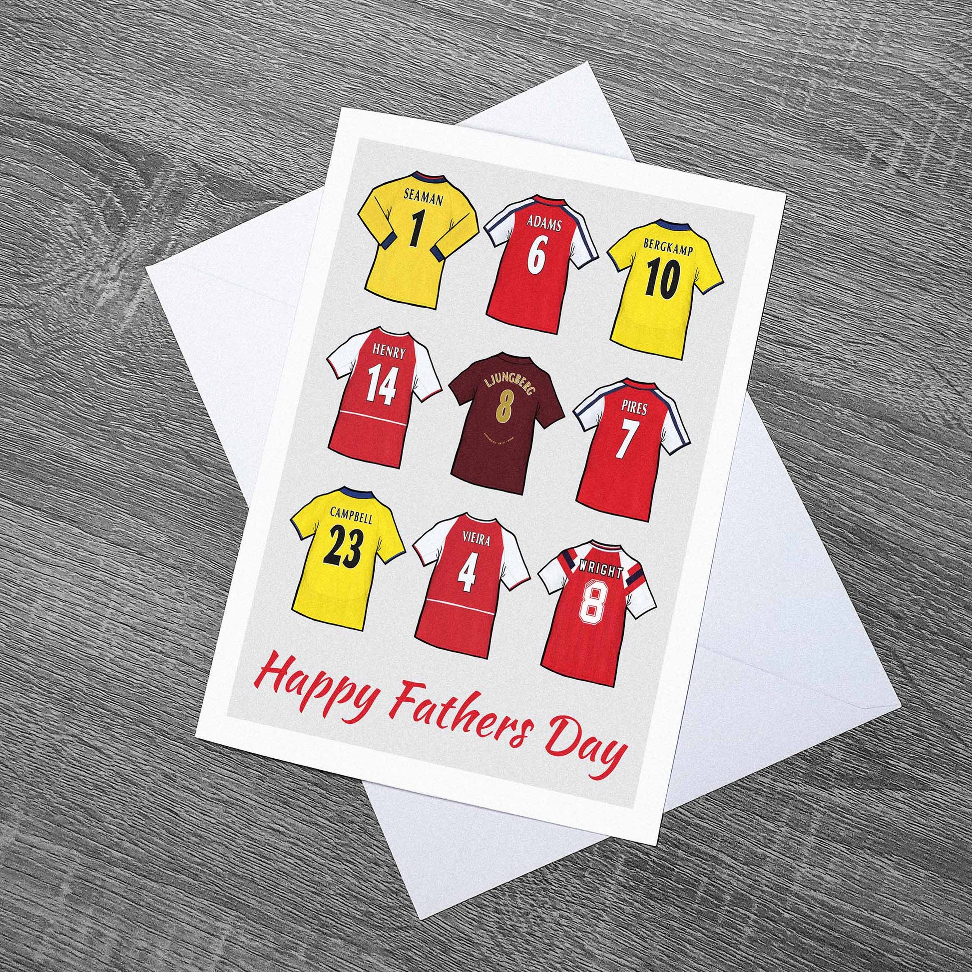 Fathers Day card featuring artwork of some of the best names to play football for Arsenal! 