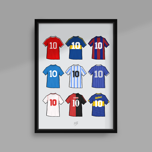 Diego Maradona Shirts Handmade Illustrated Football A4 Poster Print