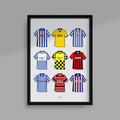 Retro Huddersfield Town Artwork Themed Print Featuring Iconic Shirts