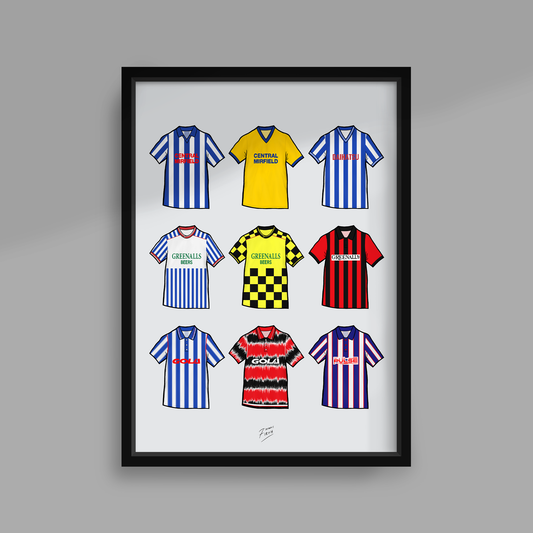 Retro Huddersfield Town Artwork Themed Print Featuring Iconic Shirts