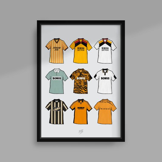 Retro Hull City Football Club Themed Print Featuring Iconic Shirts