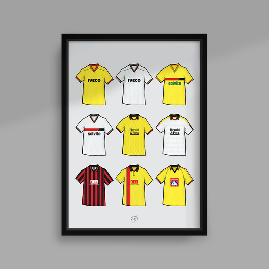 Retro Watford Football Themed Print Featuring Iconic Shirts