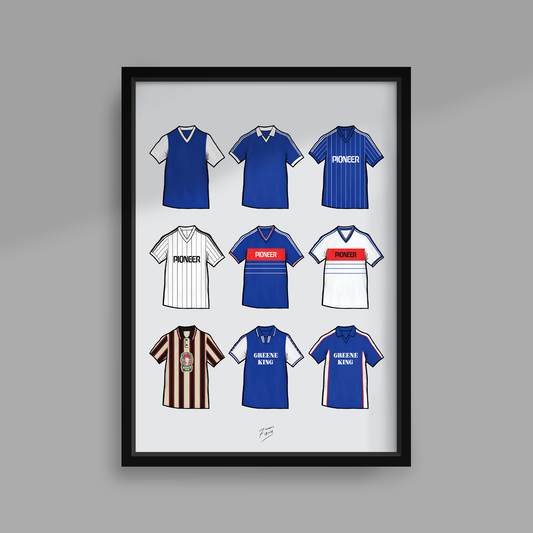 Retro Ipswich Town Themed Print Featuring Iconic Shirts