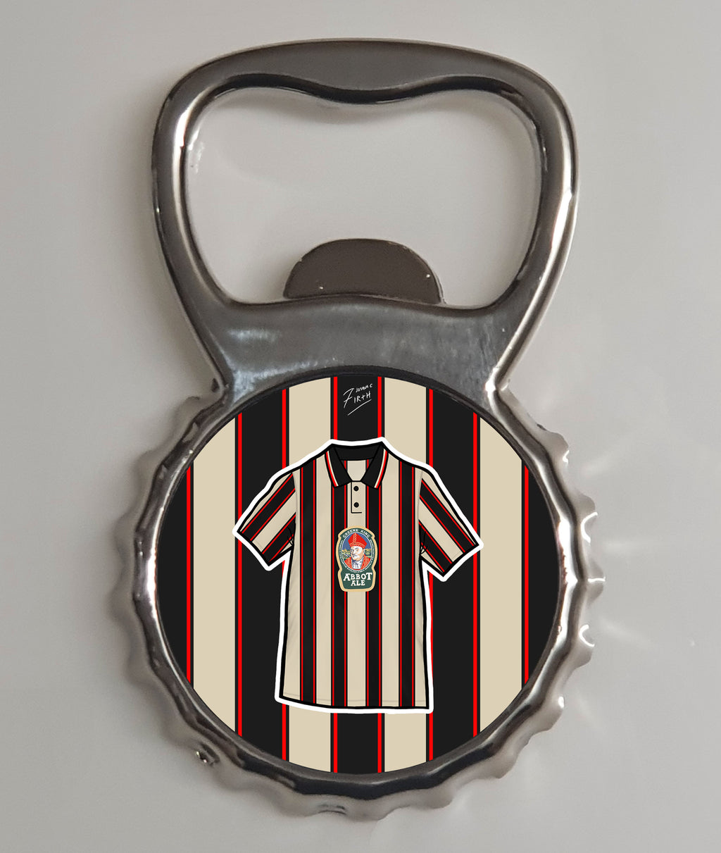 Bottle opener inspired by the Ipswich Town Football Club away shirt of the 90s. An iconic shirt on a fantastic high quality item