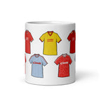 Liverpool themed retro football mug featuring some of the most iconic shirts in the reds history