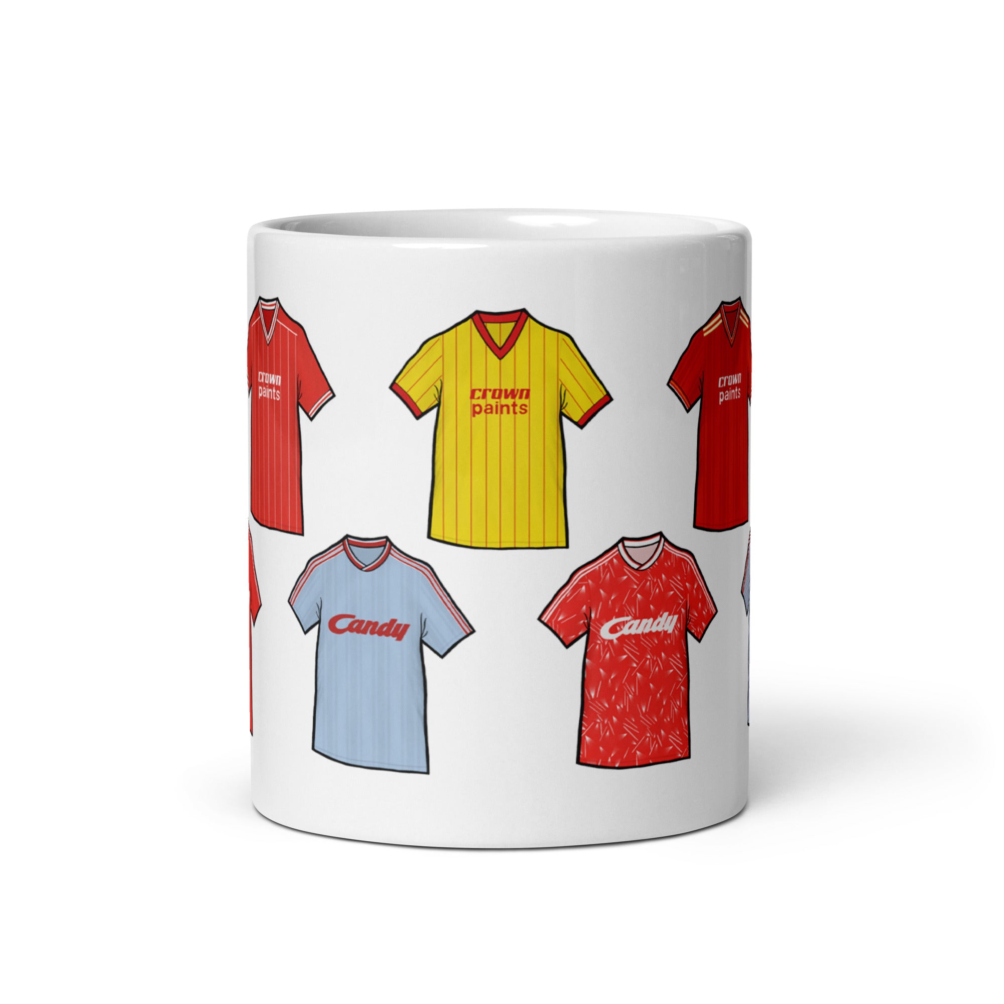 Liverpool themed retro football mug featuring some of the most iconic shirts in the reds history