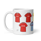 Liverpool themed retro football mug featuring some of the most iconic shirts in the reds history