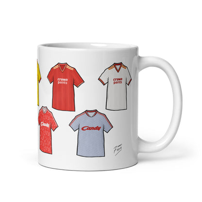 Liverpool themed retro football mug featuring some of the most iconic shirts in the reds history