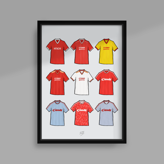 Retro Liverpool Football Themed Print Featuring Iconic Shirts