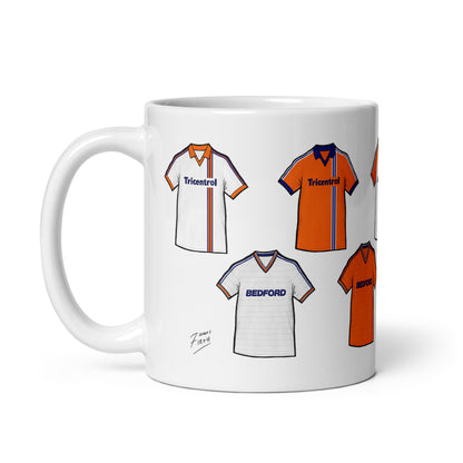 Luton Town themed retro football mug featuring some of the most iconic shirts in the Hatters history