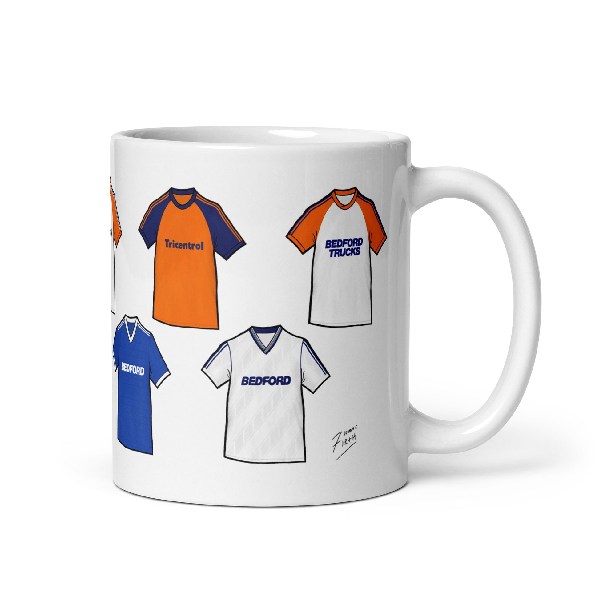 Luton Town themed retro football mug featuring some of the most iconic shirts in the Hatters history