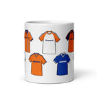 Luton Town themed retro football mug featuring some of the most iconic shirts in the Hatters history