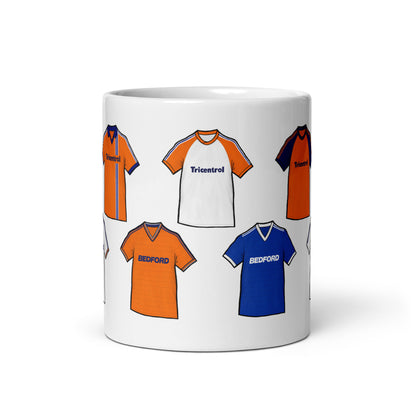 Luton Town themed retro football mug featuring some of the most iconic shirts in the Hatters history