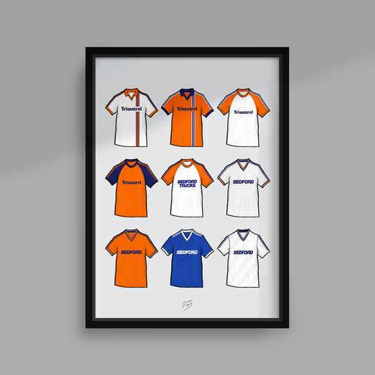 Retro Luton Town Football Themed Print Featuring Iconic Shirts