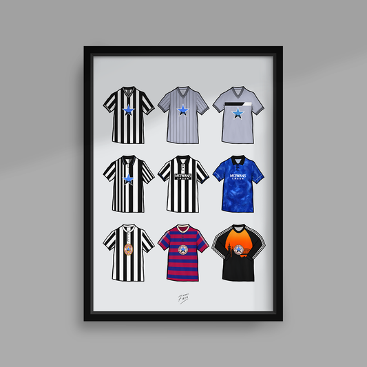 Retro Newcastle United Football Themed Print Featuring Iconic Shirts
