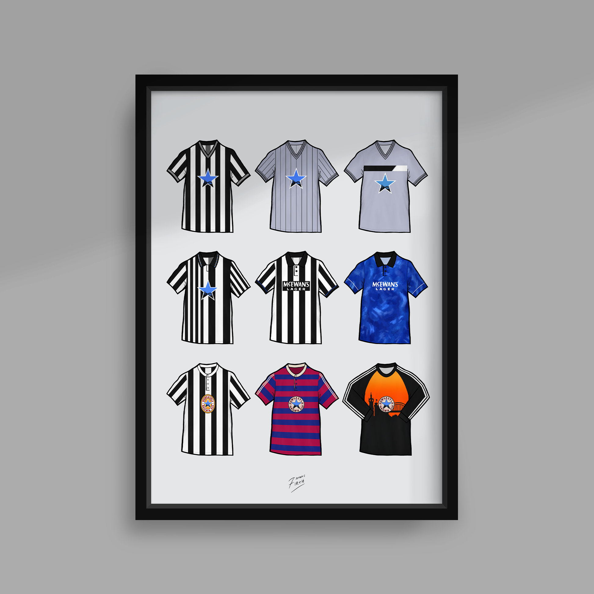 Retro Newcastle United Football Themed Print Featuring Iconic Shirts