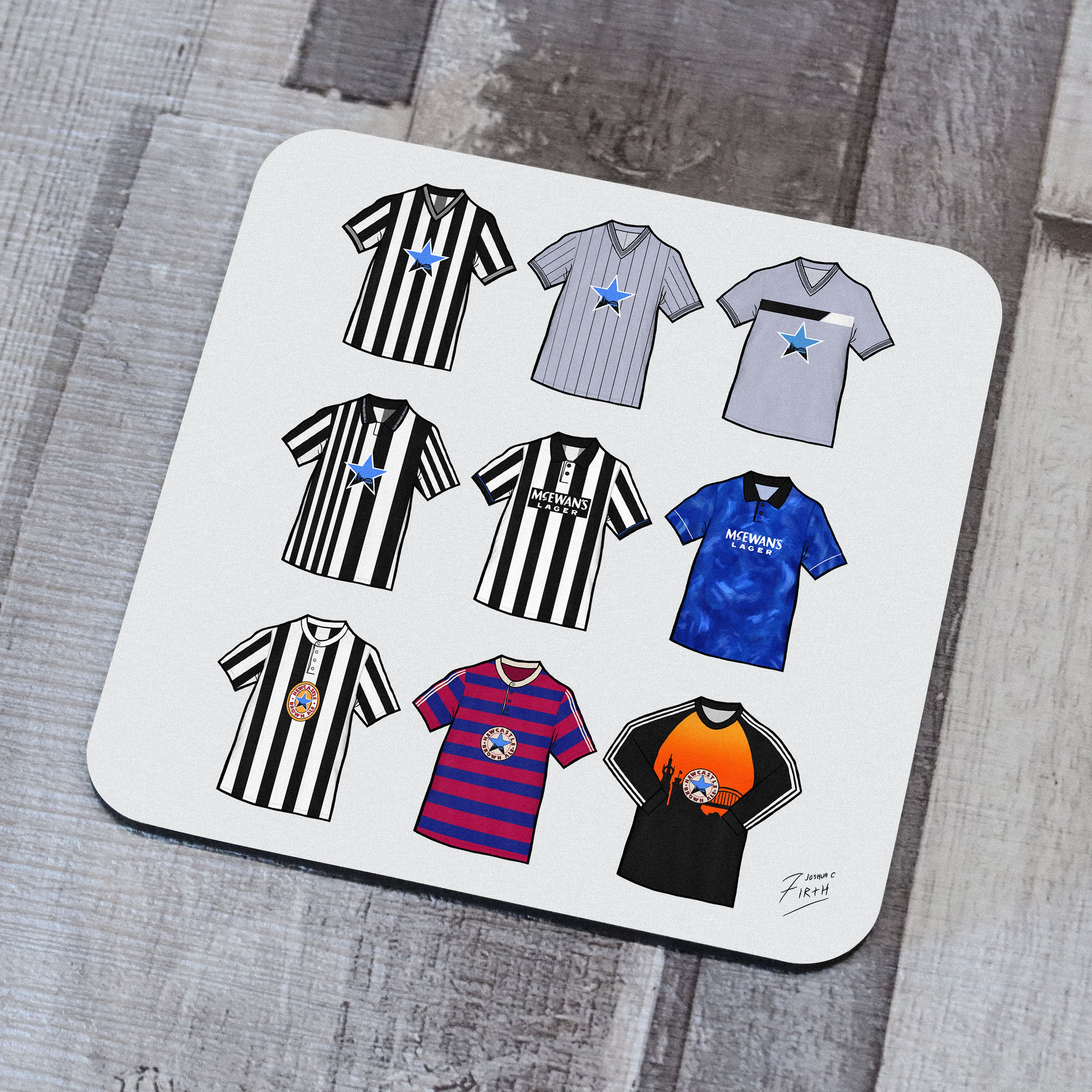 Handmade Newcastle retro football shirt coaster featuring a classic black and white design, cork-backed for durability. This hand-sublimated fan-made Newcastle United inspired coaster is perfect football memorabilia for supporters, ideal as a unique home decor item, man cave accessory, or gift for any Newcastle fan