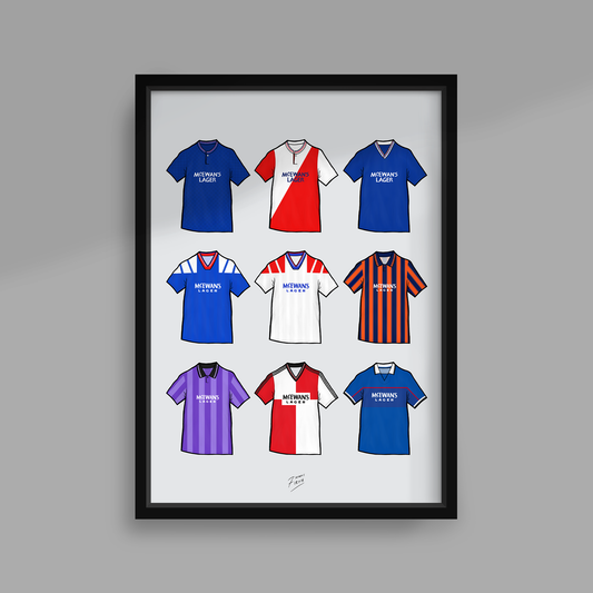 Retro Glasgow Rangers Football Themed Print Featuring Iconic Shirts