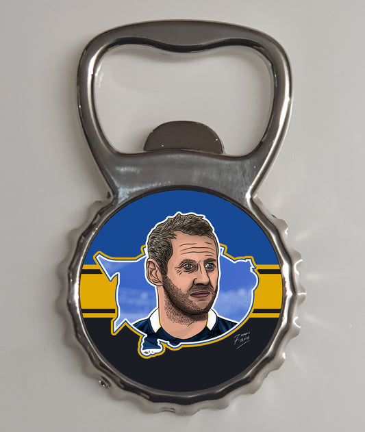Bottle opener featuring artwork of Leeds Rhinos Rugby League legend Rob Burrow, one of the finest Rugby players ever