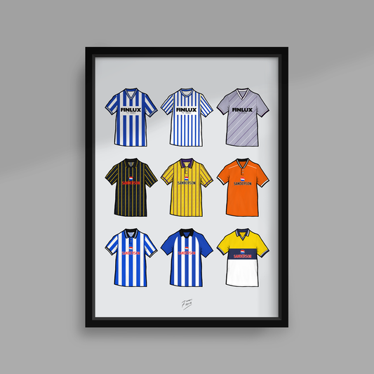 Retro Sheffield Wednesday Football Themed Print Featuring Iconic Shirts