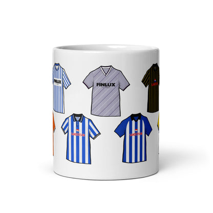 Sheffield Wednesday football themed retro football mug featuring some of the most iconic shirts in the Owls history