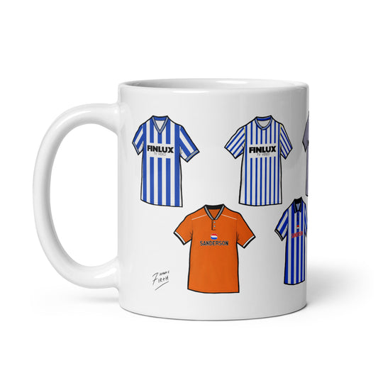 Sheffield Wednesday football themed retro football mug featuring some of the most iconic shirts in the Owls history