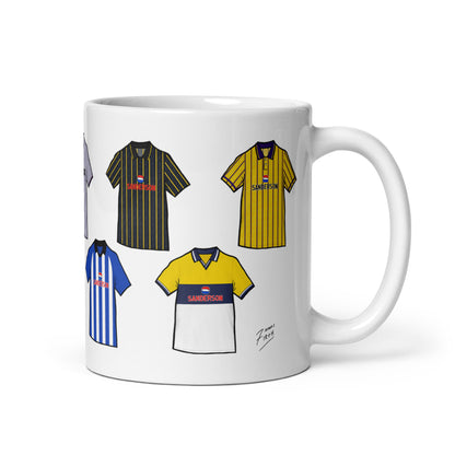 Sheffield Wednesday football themed retro football mug featuring some of the most iconic shirts in the Owls history
