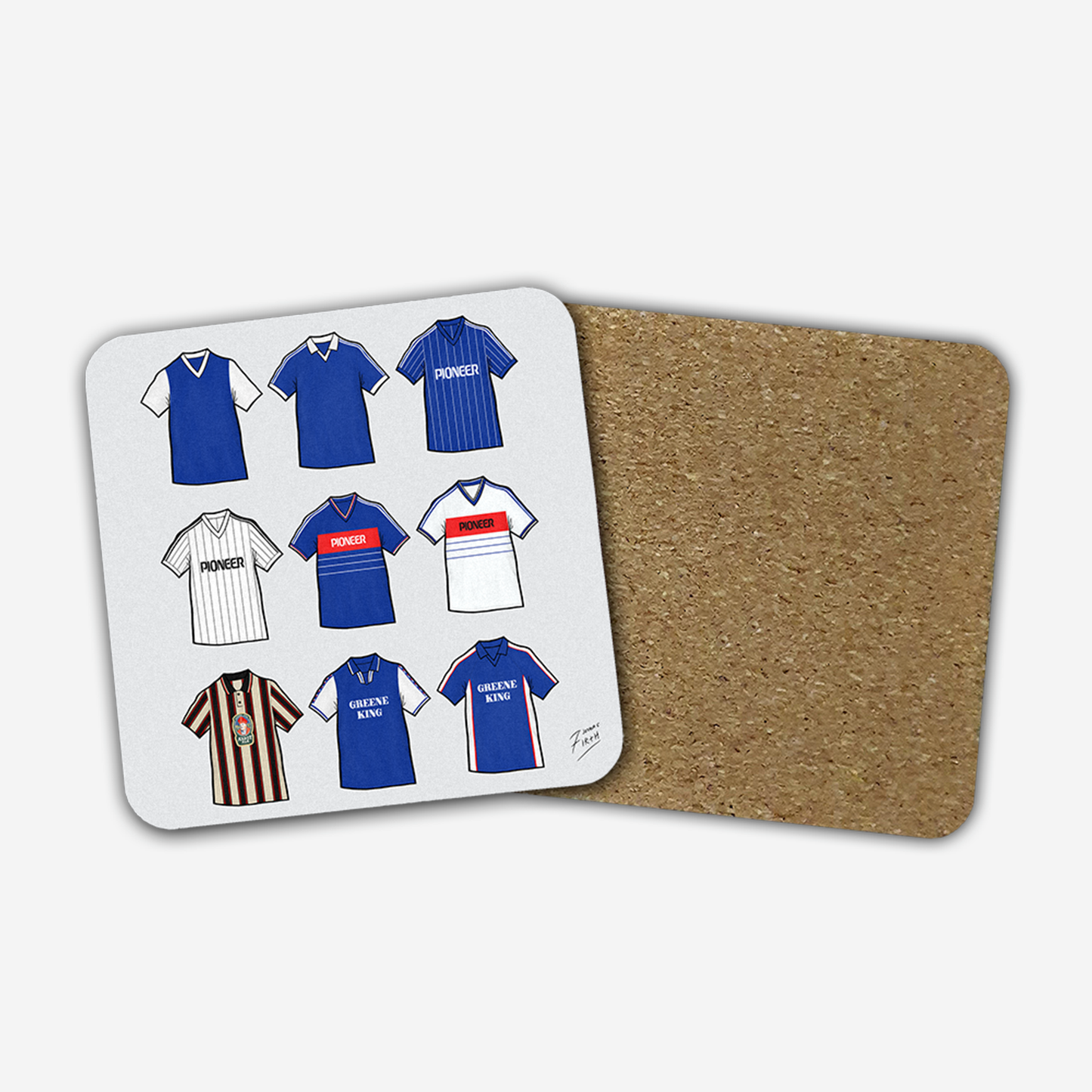 9 shirts artwork coaster featuring shirts from Ipswich Town Football Club's famous past