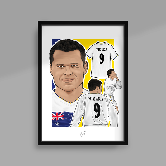Artwork poster print of Leeds United legend Mark Viduka. One of the finest footballers to have pulled on the Leeds jersey, he will forever be remembered for that 4-3 comeback against Liverpool