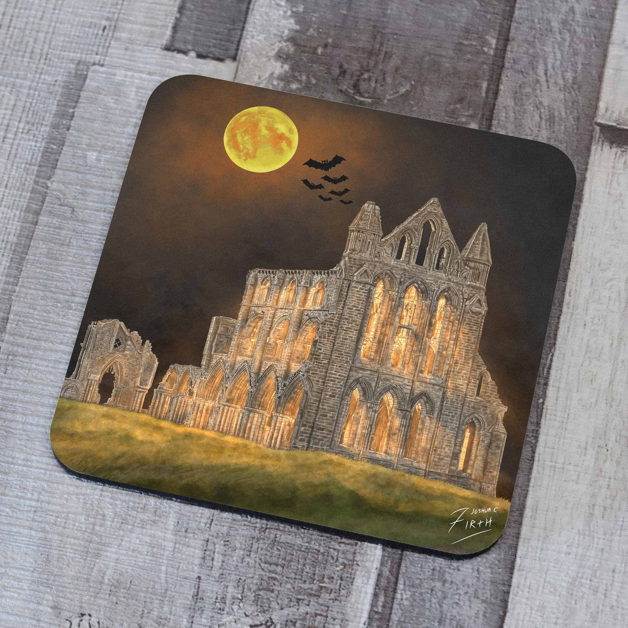 Artwork of Whitby Abbey at Night on a Cork-backed Coaster, Inspired by Whitby Goth Weekend