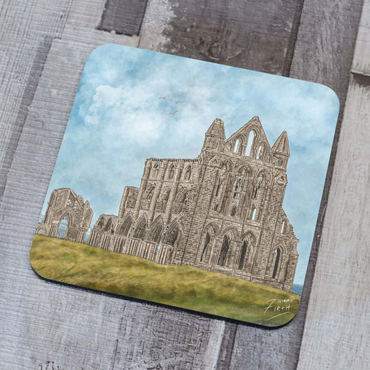 Artwork of Whitby Abbey North Yorkshire as a coaster, a famous landmark on the Yorkshire Coast.